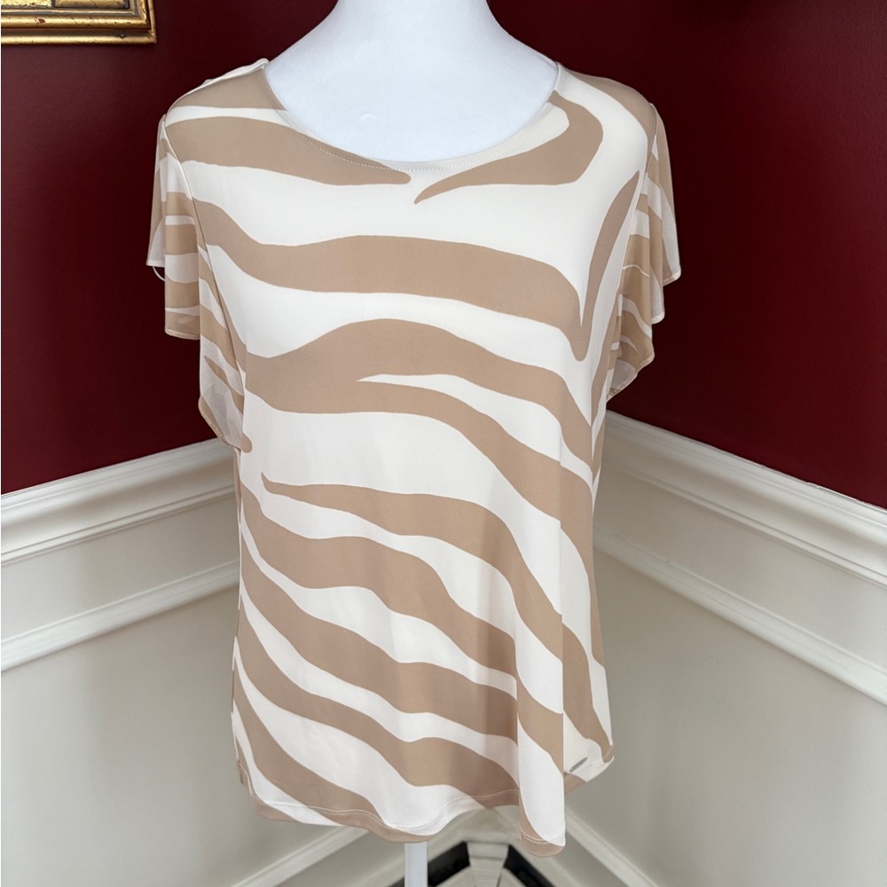 Calvin Klein Cream and Tan Zebra Print Blouse NWT